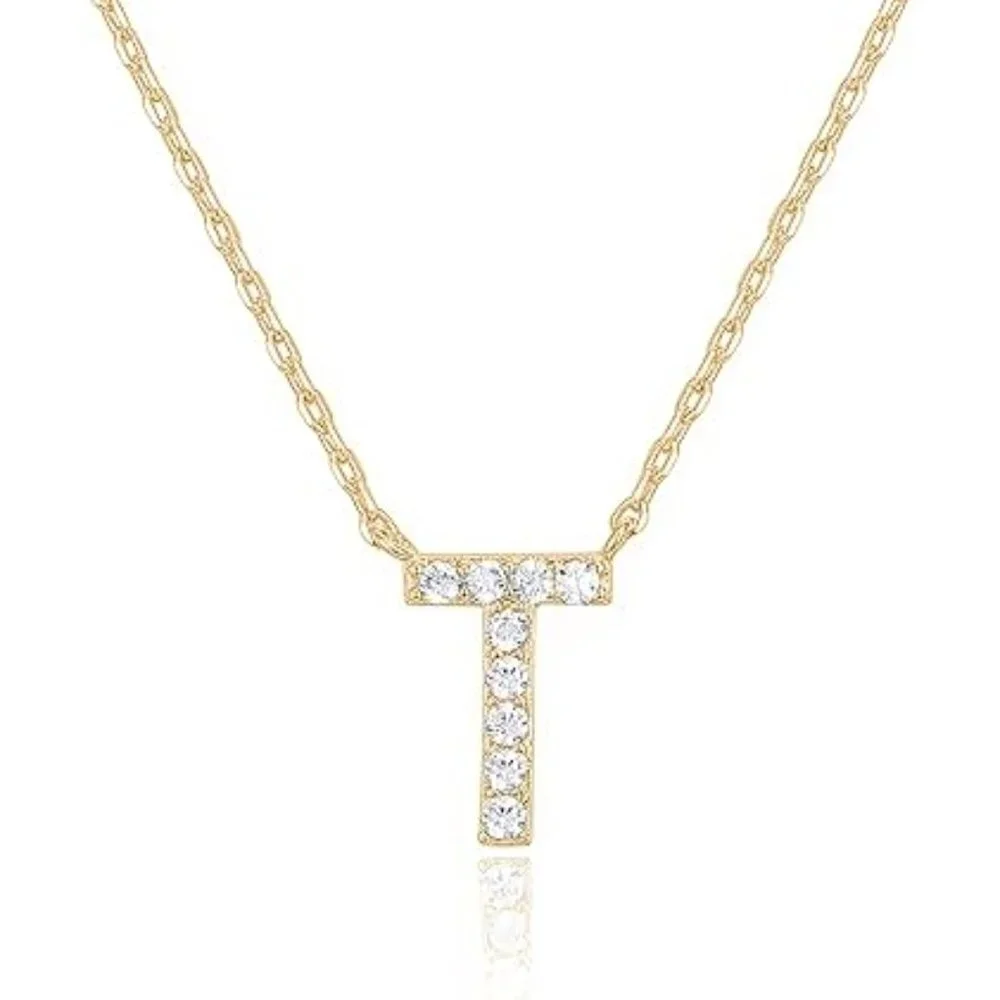 14K Yellow Gold Initial Necklace Letter Dainty Diamond Gift Present P - Z